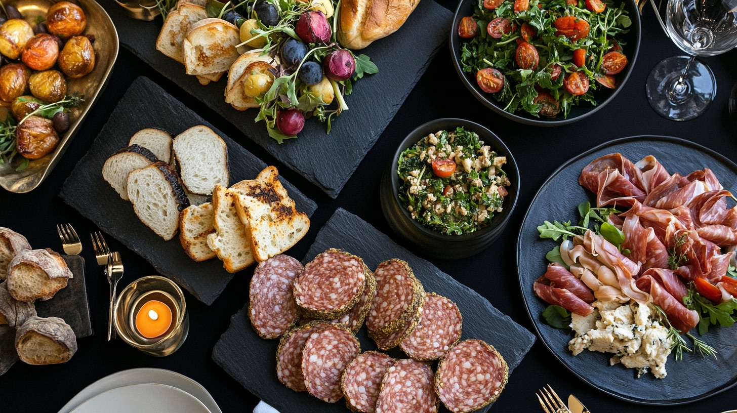 Beautifully curated private gathering table with High Touch Catering menu items